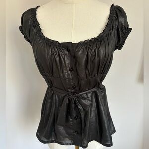 Black Puff Sleeve Ruched Blouse with Tie Front